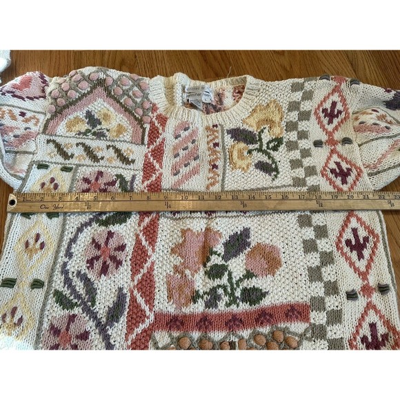 Vintage Jennifer Reed Hand Knit Cottage Core Floral Sweater Large White - Picture 4 of 6